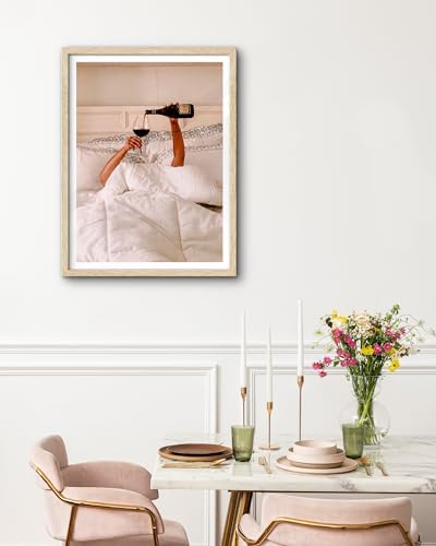 EcoHest 16x20 in Woman Drinking Wine in Bed Framed Wall Art for Bedroom
