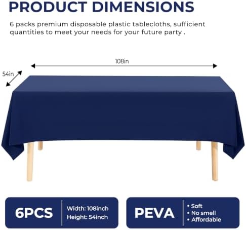 6 Pack Premium Disposable Plastic Tablecloth 54" x 108" Party Table Cloths Disposable for 6 to 8 Foot Tables Indoor or Outdoor Parties Birthdays Weddings Christmas Anniversary Buffet Table (Blue)