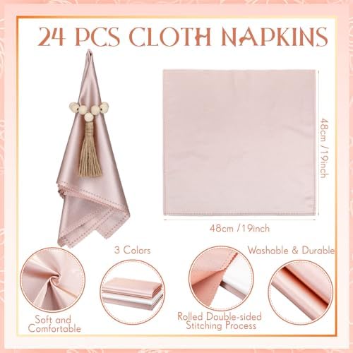 LemonRoad 36 Pcs Napkin Rings Set 12 Wood Bead Napkin Rings, 24 Cloth Napkins Boho Farmhouse Table Decorations Dinnerware Sets, Banquet, Wedding, Holiday Dinner Party