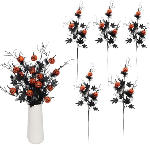 5PCS Halloween Decorations, Black Artificial Flowers, 21 Inch Artificial Pumpkin Maple Leaf Floral Stems Halloween Branches Decoration for Indoor Home Farmhouse Party Vase Arrangement Décor