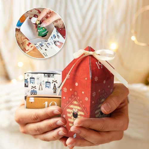DIY Christmas Advent Calendar Boxes to Fill, 25 Numbered Empty Advent Calendar Houses Boxes, Countdown Advent Calendars Surprise Gift Boxes for Kids Family Friends, XMAS Holiday Decor -25 Designs
