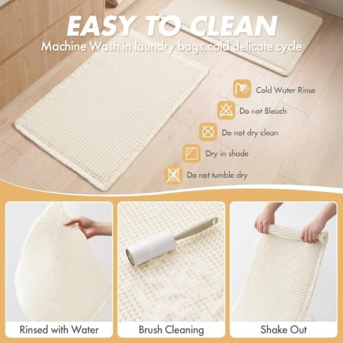 MIULEE Set of 2 Waffle Bathroom Rugs Cream White Bath Mat 17"x24"+18"x30"