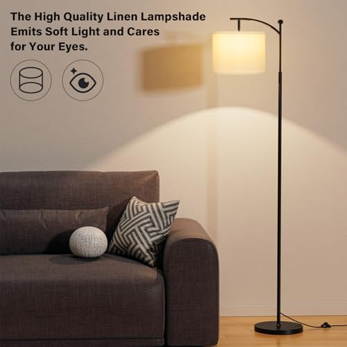 Ambimall 60" Floor Lamp with 3 Color Temperatures, Adjustable White Shade, Black Pole - Tall Lamp for Living Room