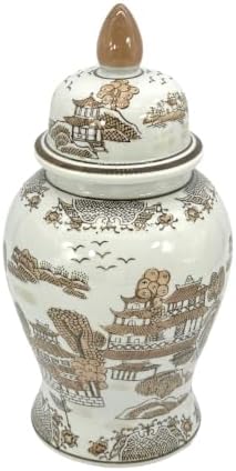 Galt International 14" Brown & White Landscape Ceramic Porcelain Ginger Jar Floral Home Décor Jar Urn Shape Vase