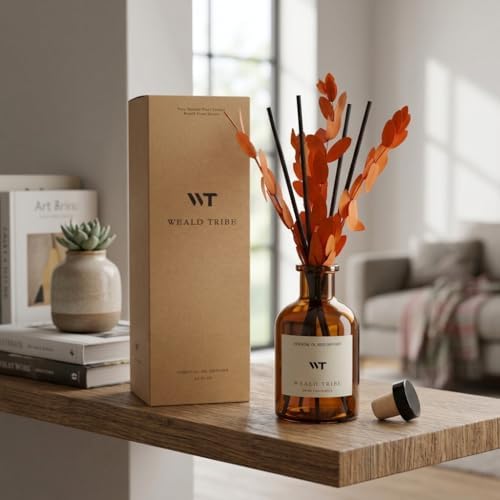 WEALD TRIBE Reed Diffuser Set for Bathroom Air Fresheners, Oil Diffuser Sticks | Sandalwood & Ebony Scent 4.0 fl oz