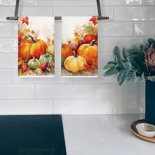 TAJWE Fall Kitchen Towels Orange Pumpkin Thanksgiving Dish Towels