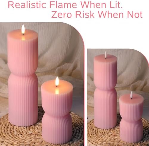 Pink Ribbed Flameless Pillar Candles with Remote Set of 2