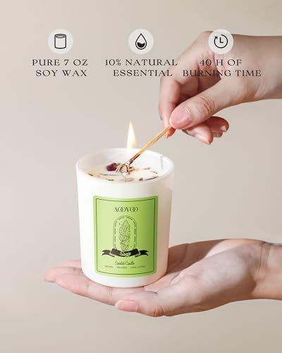 AOOVOO Sage Scented Candles for Women - Aromatherapy Candle with Crystals Inside, 7oz Soy Candles for Home Scented