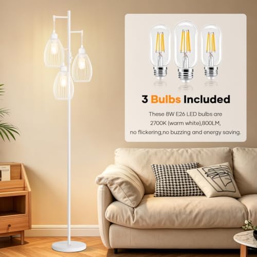 Dimmable Floor Lamp, 3 x 800LM LED Edison Bulbs Included, Farmhouse Industrial Floor Lamp Standing Lamp with Elegant