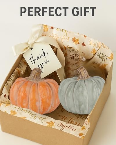 GoGnome Set of 3 Decorative Pumpkins – Resin Fall Harvest Décor in White, Sage Green & Orange, Rustic Autumn Table Centerpiece for Thanksgiving Farmhouse Home Decoration (White)