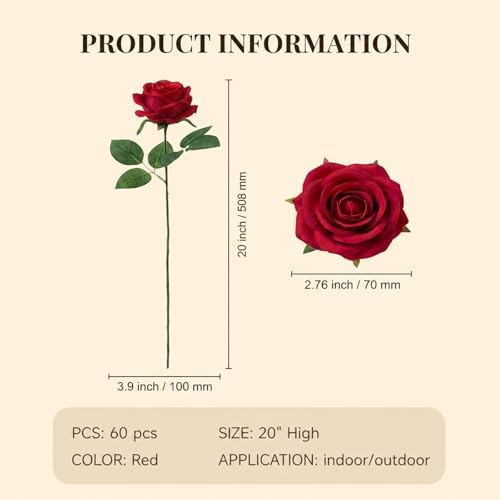 60 Pcs Red Velvet Artificial Roses Flowers Real Looking Silk Faux Roses Bulk Long Stems for Wedding Centerpieces,DIY Floral Arrangements,Home Decor,Anniversary,Valentine's Day