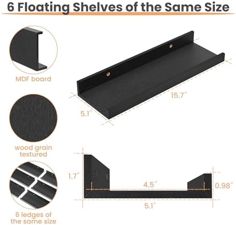 upsimples Floating Shelves for Wall Decor and Storage, Black, 6Pcs 15.7''