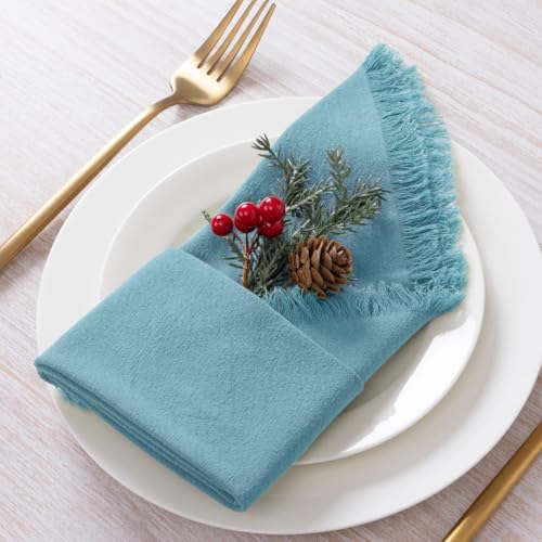 DeZerlor Teal Green Summer Cotton Linen Washable Cloth Napkins Set of 12