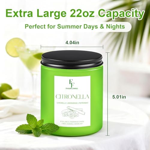 Citronella Large Scented Candle Outdoor Indoor, 3-Wick 22oz Long Lasting Scented Candle, Natural Soy Wax Aromatherapy