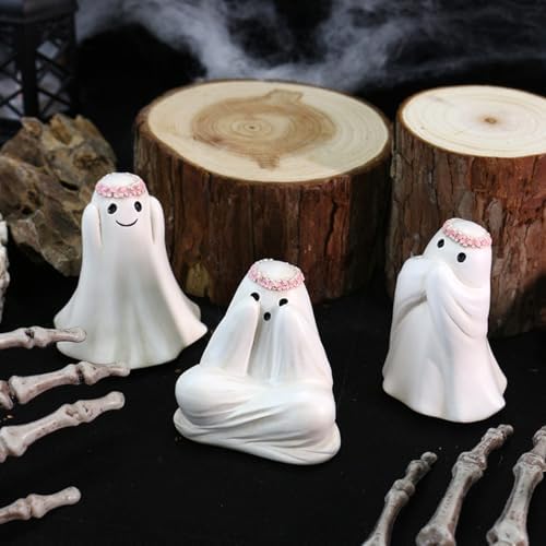 3 Pcs Ghost See No Evil Hear No Evil Speak No Evil Statues, Spooky Halloween Ghost Plant Decorations for Pots, Cute See No Evil Hear No Evil Figurines for Home Office Desk Lawn Yard Planter Pot