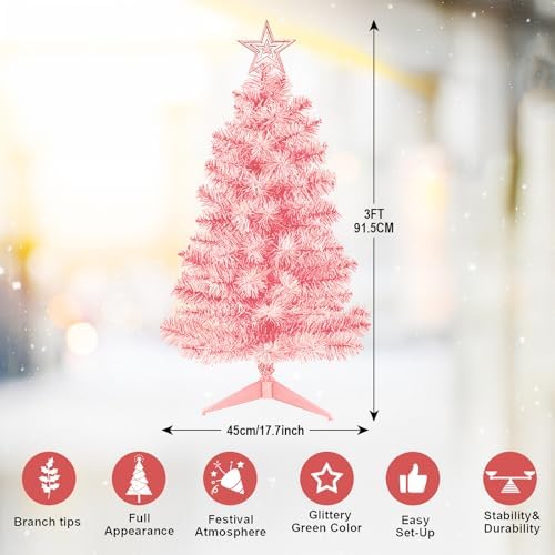 DUUDO 3FT Pink Premium Hinged Artificial Holiday Small Mini Christmas Tree for Tabletop,Home, Office, Indoor and Outdoor Holiday Decoration,Easy Assembly Metal Hinges & Foldable Base