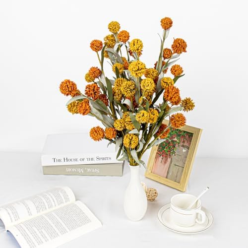Yawwind 6 PCs Artifical Fall Flowers 17 Inches Fall Floral Picks Faux Autumn Branches with Craspedia Billy Balls Flowers for Vase Table Centerpieces Living Room Indoors Decor (Orange and Yellow)