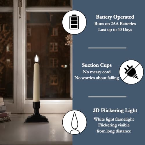 Homemory 12 Pcs Window Candles with Sensor Dusk to Dawn, White Light Electric Window Candle, Christmas Fake Candles Battery Operated, Led Candlesticks with Black Holders for Xmas Holiday Decor