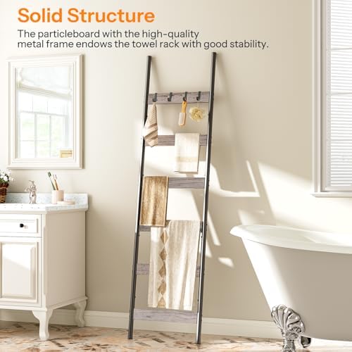 HOOBRO Blanket Ladder, 6-Tier Towel Rack with Hooks, Wall-Leaning Blanket Rack, Decorative Display Ladder Shelf