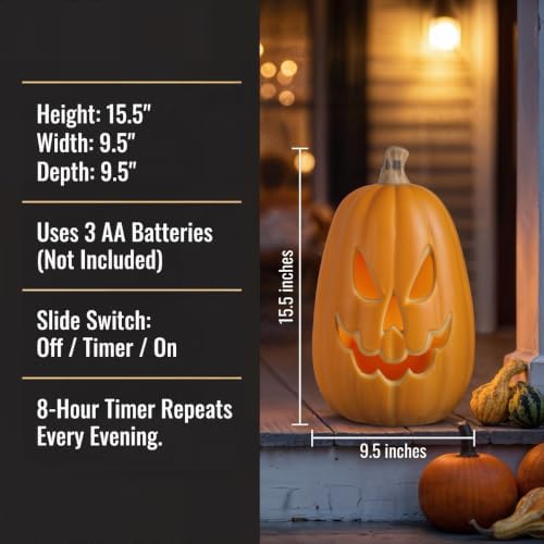 Xodus Battery Operated LED Light Up Pumpkin, Jack-O-Lantern, Timer, 15-inch