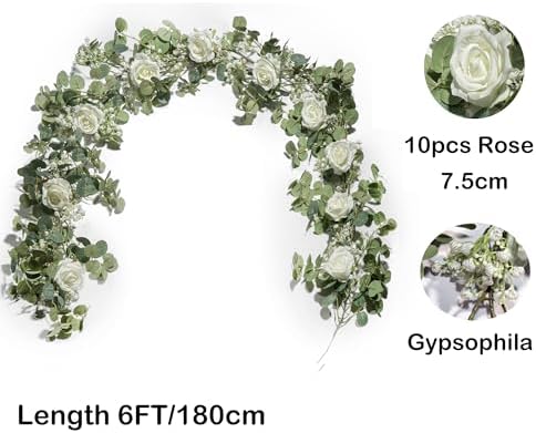 6FT Artificial Eucalyptus White Flower Garland with Roses & Baby's Breath
