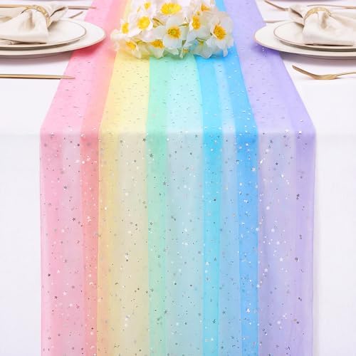 4 Pcs Pastel Rainbow Tulle Table Runner Pastel Unicorn 29x70in