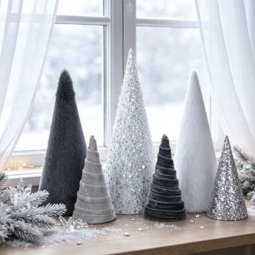 6 PCS 12" 10" 6" Christmas Silver Gray Cone Tree Decoration Christmas Glitter Sequin Furry Velvet Tree Table Centerpiece Modern Tiered Tray Ornament Xmas Tree for Home Holiday Mantle Winter Decor
