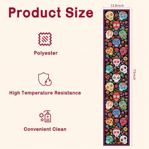 OHOME Dia De Los Muertos Decorations - Sugar Skulls Table Runner | Day of The Dead Catrinas Ofrenda Table Decorations Supplies Backdrop for Mexican Altar De Muertos Indoor Outdoor
