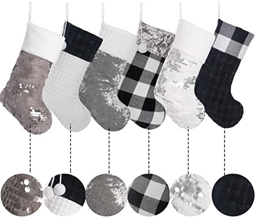 LUBOT 4 Pack Christmas Stockings Large Family Xmas Stocking Black White Gray Contrast Match Flannel Plaid Plush Sequins Hanging for Decorations Holiday
