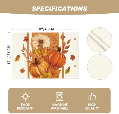 Artoid Mode Pumpkin Leaves Fall Placemats Set of 6, 12x18 Inch Seasonal Thanksgiving Holiday Table Mats for Party Kitchen Dining Decoration