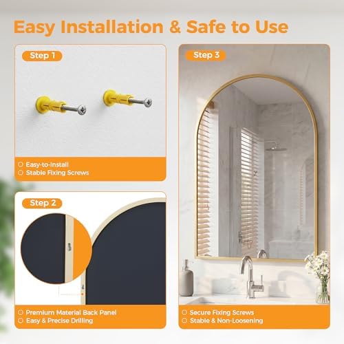Arched Gold Bathroom Mirrors for Wall, 26x38-Inch Bathroom Mirror for Over Sink, Wall Vanity Mirror with Matte Metal