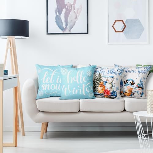 GlikCeil 16 Set Seasonal Pillow Covers 18 x 18 Inch Winter Throw Pillow Covers Winter Gnome Holiday Throw Pillowcase Let It Snow Decorative Cushion Case Sofa for Farmhouse Holiday Home Sofa Decor