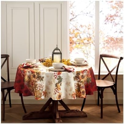 Elrene Home Fashions Swaying Leaves Bordered Fall, Seasonal and Holiday Tablecloth, 70" Round, Multi