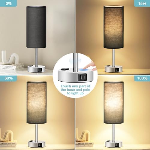 Fenmzee Black Bedside Lamp for Bedroom, Dimmable Touch, USB A+C, AC Outlet