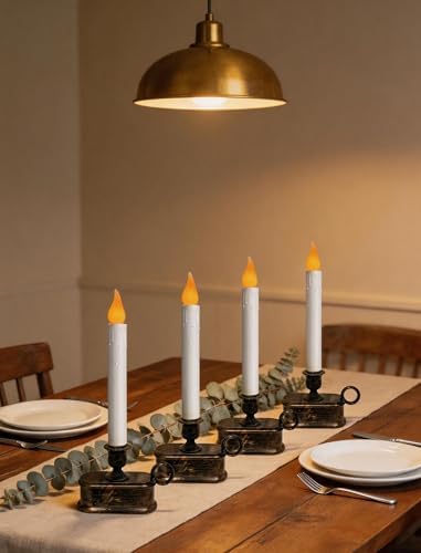 4 Pack Christmas Window Candle Lamps, Flameless Flicker LED Lights and Bronze Base, Dusk to Dawn Light Sensor, 10 Inch Battery Powered Window Candle for Dinners, Table, Party, Valentines Decorations