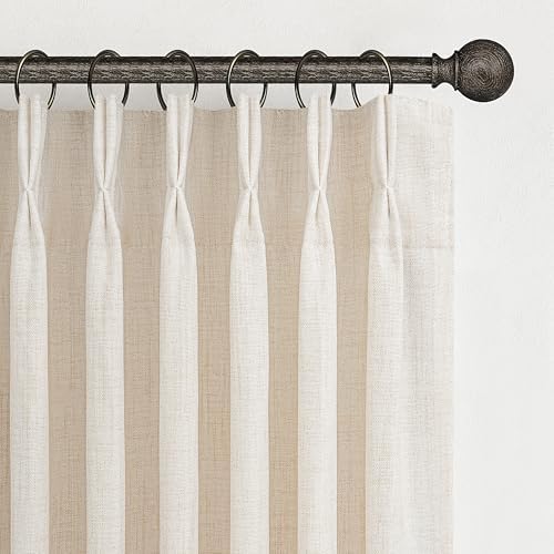 Extra Long 144 Inch Pinch Pleated Light Filtering Large Curtains for Living Room, Birch Memory Trained Natural Linen