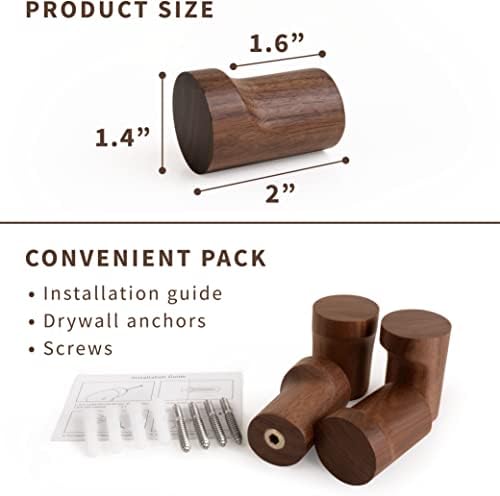 Natural Wooden Wall Mounted Hooks / Black Walnut / Set of 4