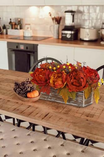 DILATATA Fall Decor Autumn Harvest Floral Centerpiece with Artificial Peony Maple Leaf and Berries Arrangement for Thanksgiving Party Mantel Fall Decor