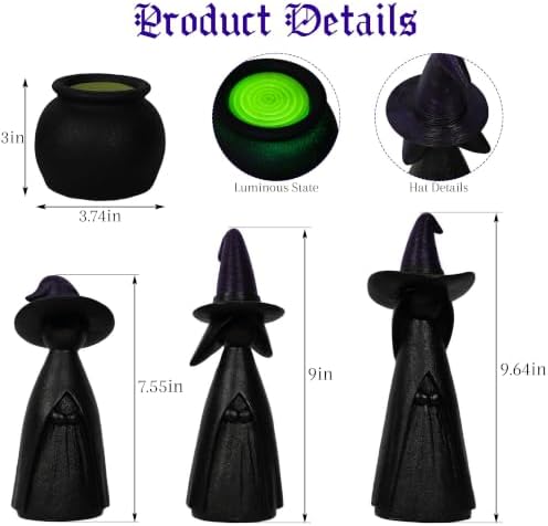 NEROSUN 4 PCS Halloween Witches Cauldron Figurine, Resin Miniature Scary Witches Tabletop Ornaments, Lighted Cauldron Ornaments for Indoor Outdoor Fireplace Shelf Home Halloween Party Decor Supplies