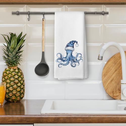 Blue Coastal Christmas Octopus Kitchen Dish Towels 16x24