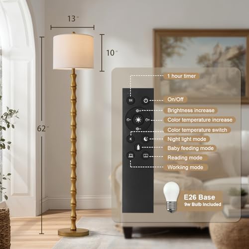 BOBOMOMO 62" Rustic Farmhouse Floor Lamp Antique Gold with Remote & Dimmable 9W Bulb, 3 Color Temperatures Resin