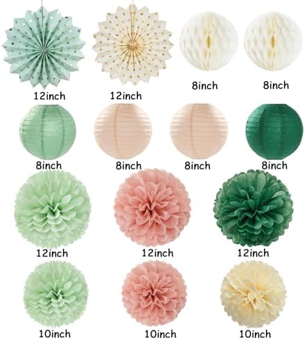 Sage-Green Pink-Beige Boho Party-Decorations Streamers - 14pcs Rustic Neutral Wedding Olive Paper Honeycomb Lanterns Fan,Birthday Baby Bridal Shower Engagement Decor Lasting Surprise