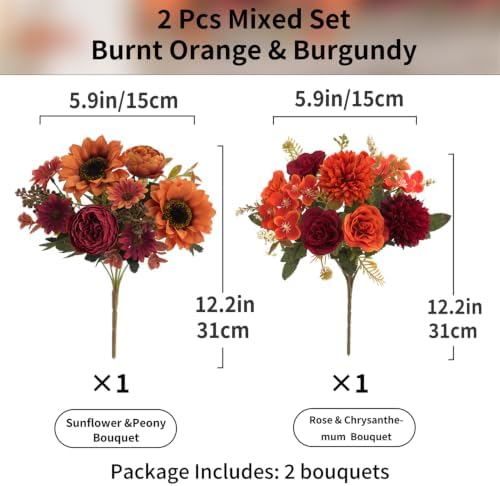 2 Pcs Fall Artificial Sunflower Peony Bouquet, Burnt Orange Burgundy Silk Faux Flower, Autumn Faux Floral Arrangements for Wedding Table Centerpiece Thanksgiving Farmhouse Indoor Outdoor Decor
