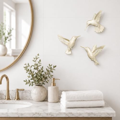 GUSFREUD 3D Hummingbird Wall Decor Set - Gold Resin Bird Wall Decor for Living Room, Bedroom and Gallery Walls - Ivory