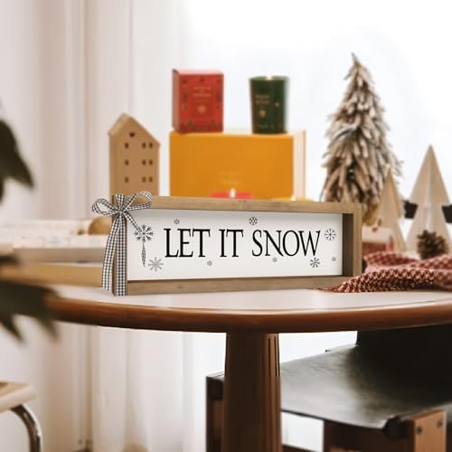 Let It Snow Sign, White Wooden Winter Holiday Centerpieces Snowflake Decor, Indoor Table Top Wall Shelf Desk Mantel Decorative Signage Wood Plaque Rustic Farmhouse Decorations for Home