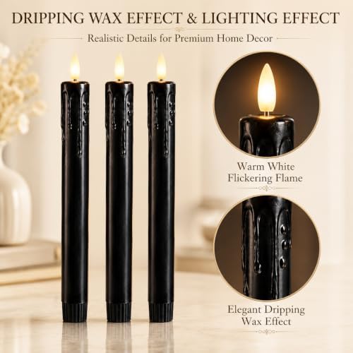Lezonic Black Flameless Taper Candles Battery Operated with Remote, Long LED Candlesticks Flickering Real Wax Set of 6, 9.5 inch Battery Candles with Realistic 3D Flame for Halloween Decorations