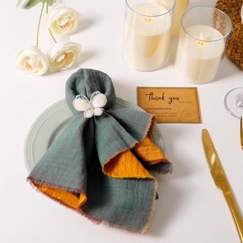 10 Pack Cloth Napkin Double-Layer 100% Cotton Table Dinner Napkins AB Surface Washable & Reusable Cloth with Elegant Fringe for Thanksgiving Day, Home Decor, Family Event Parties(Yellow-Grey)