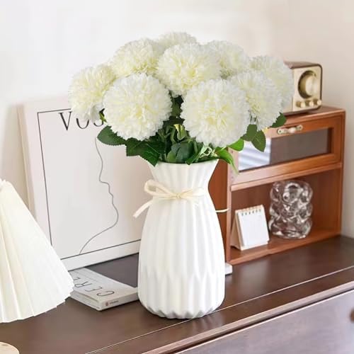 Hananona 12 Pcs Artificial Chrysanthemums Flowers Ball Flower, Fake Mums Flowers White Silk Flowers for Spring Home Decor Indoor Floral Arrangement Table Centerpiece (12, White)