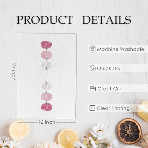 Pink Fall Pumpkin Decor Kitchen Towels and Dishcloths Set of 2, Pink Fall Hand Towels, Farmhouse Pumpkins Decorations Hand Tea Towel for Dorm Bathroom Bedroom, Autumn Tea Towel, 16×24 Inch