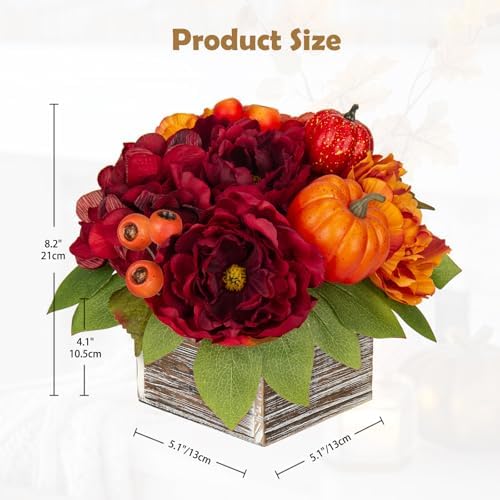DILATATA Fall Decor Autumn Harvest Pumpkins Centerpiece - Artificial Peony Arrangement in Wooden Box for Thanksgiving Party Mantel Fall Decor